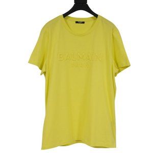 Balmain Mens T Shirt XL Yellow Embossed Logo Crewneck 100% Cotton Short Sleeve